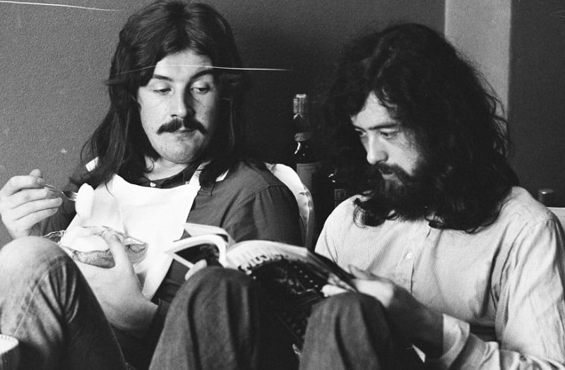 John Bonham sitting with Jimmy Page