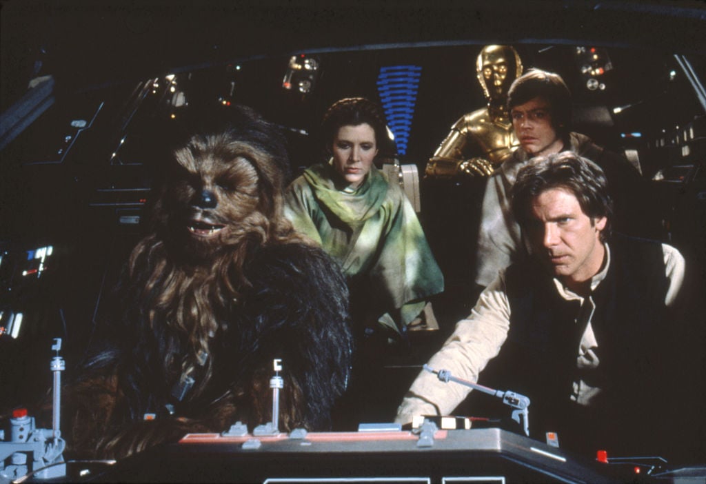 Chewbacca, Leia, Han Solo, Luke Skywalker, and C-3PO in the Millennium Falcon, 'Star Wars: Episode VI - Return of the Jedi.'