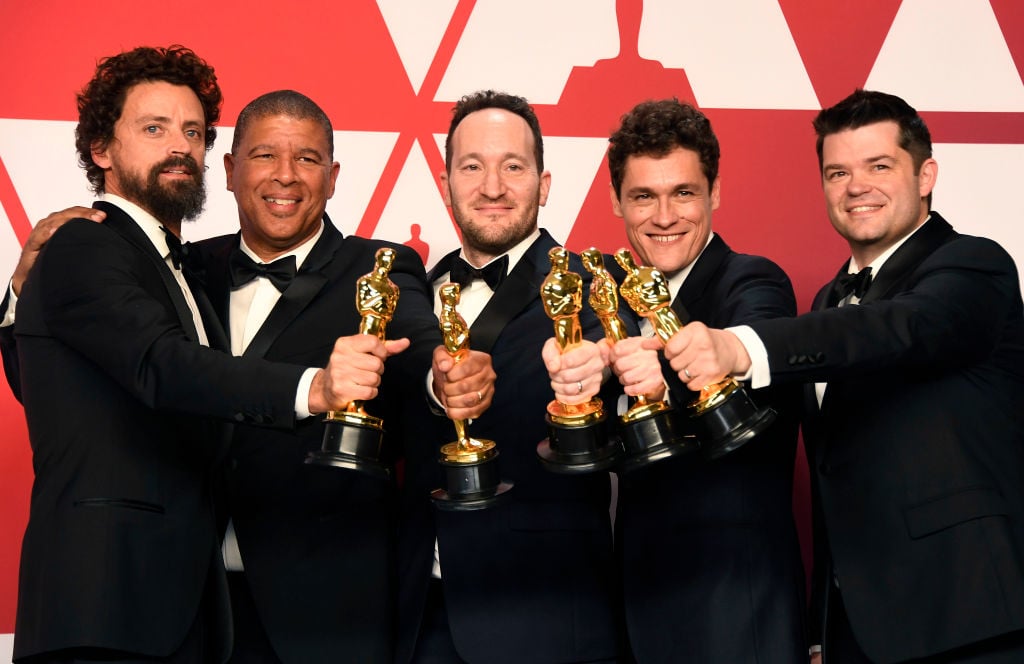 (L-R) Bob Persichetti, Peter Ramsey, Rodney Rothman, Phil Lord, and Christopher Miller, winners of Best Animated Feature Film for "Spider-Man: Into the Spider-Verse," pose in the press room during the 91st Annual Academy Awards at Hollywood and Highland on February 24, 2019 in Hollywood, California. 
