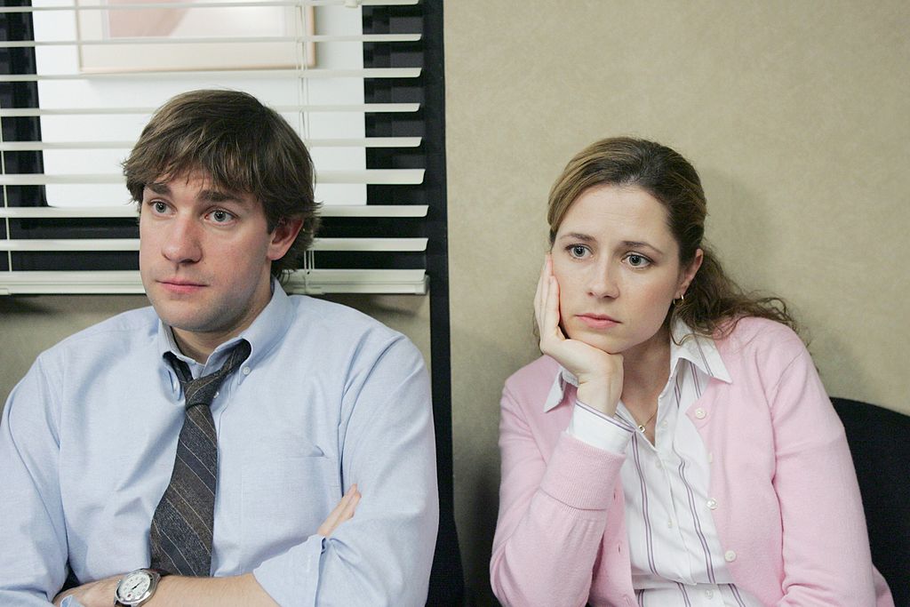 John Krasinski as Jim Halpert and  Jenna Fischer as Pam Beesly on The Office