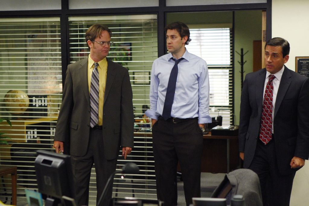 The Office: Rainn Wilson as Dwight Schrute, John Krasinski as Jim Halpert, Steve Carell as Michael Scott