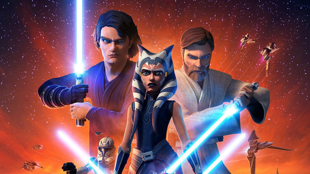 A promotional poster for 'Star Wars: The Clone Wars' Season 7, featuring Anakin, Ahsoka, and Obi-Wan.