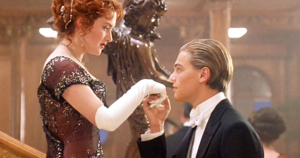 Kate Winslet and Leonardo DiCaprio in Titanic near the film's staircase