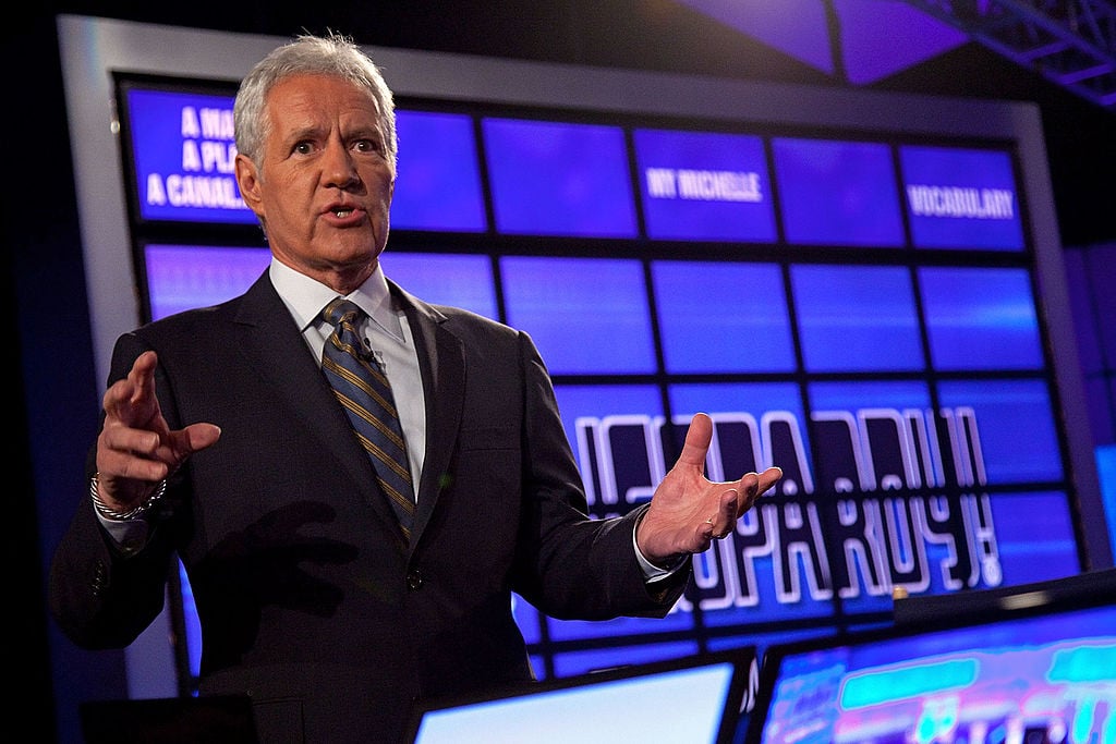 Alex Trebek speaks at a 'Jeopardy!' press conference