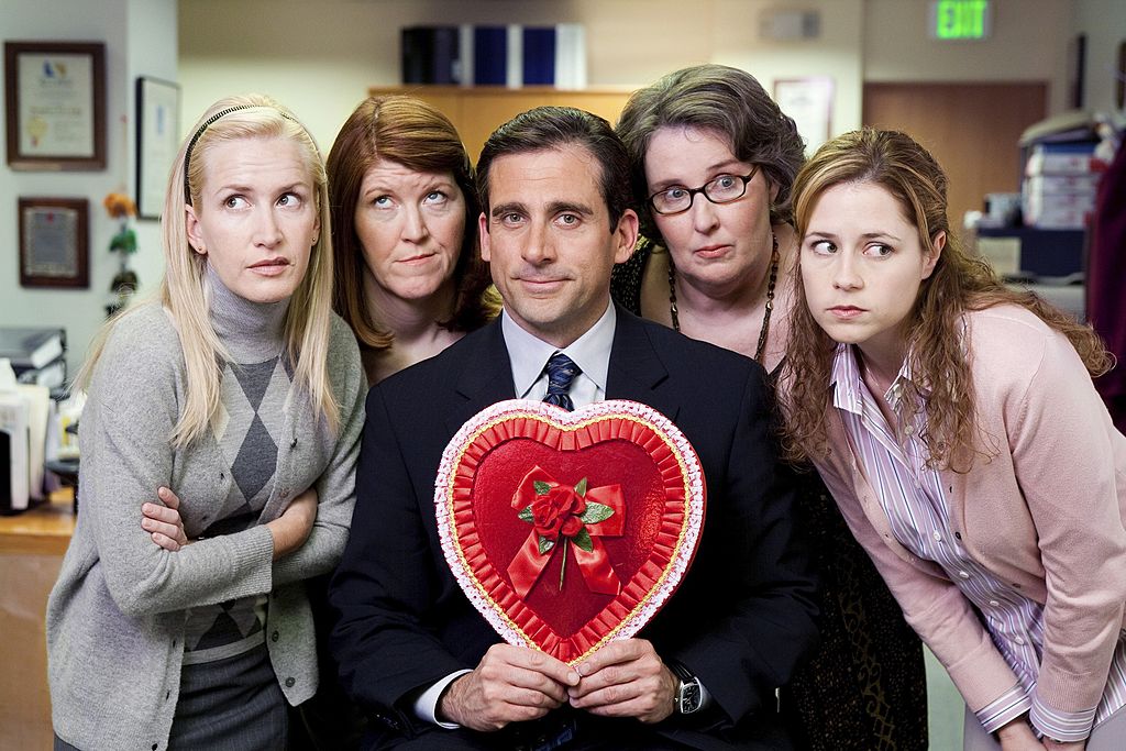 The Office cast Angela Martin, Kate Flannery, Steve Carell, Phyllis Smith, and Jenna Fischer