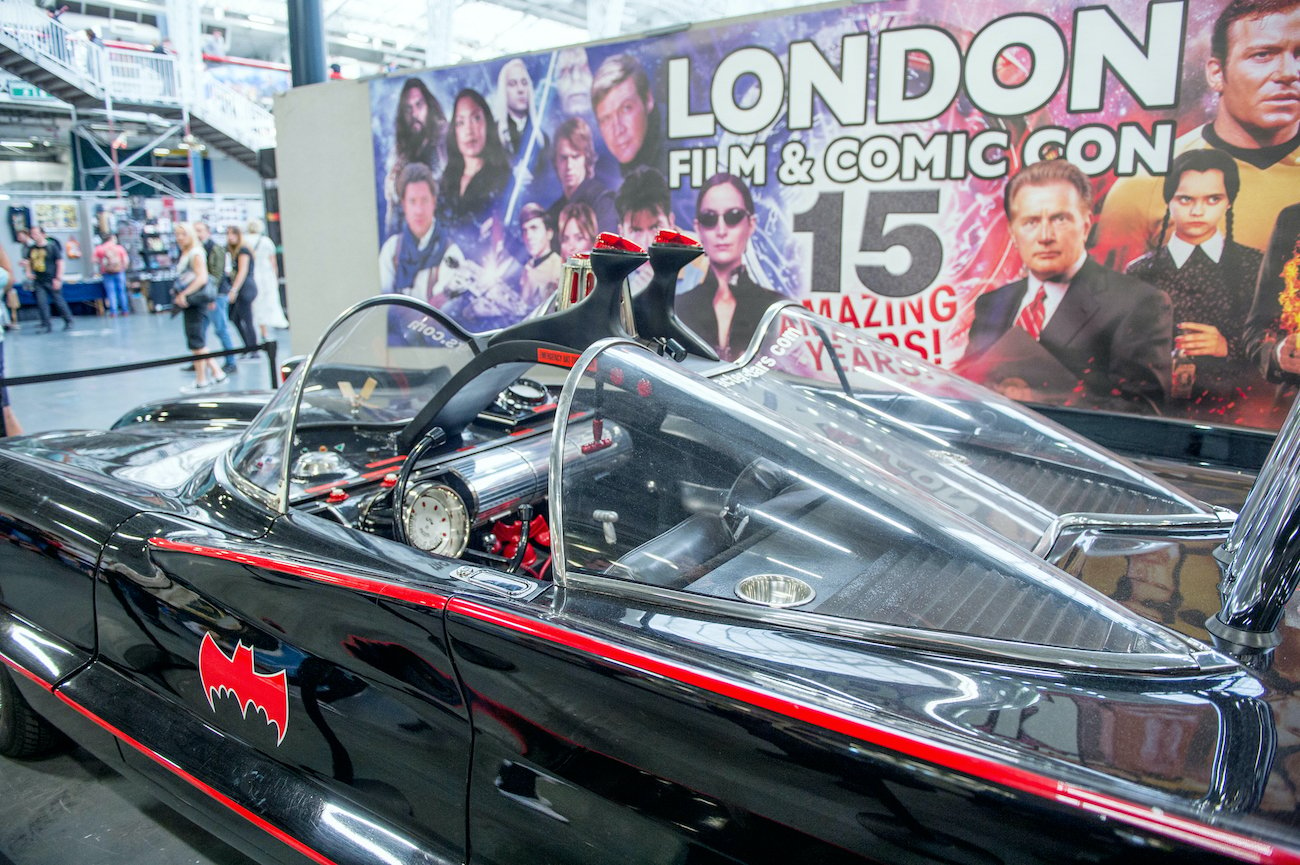 A 1966 Batmobile, based around a Lincoln Ford Motor Company design for a futuristic concept car that never made it to production called the Lincoln Futura seen during London Film and Comic Con 2019