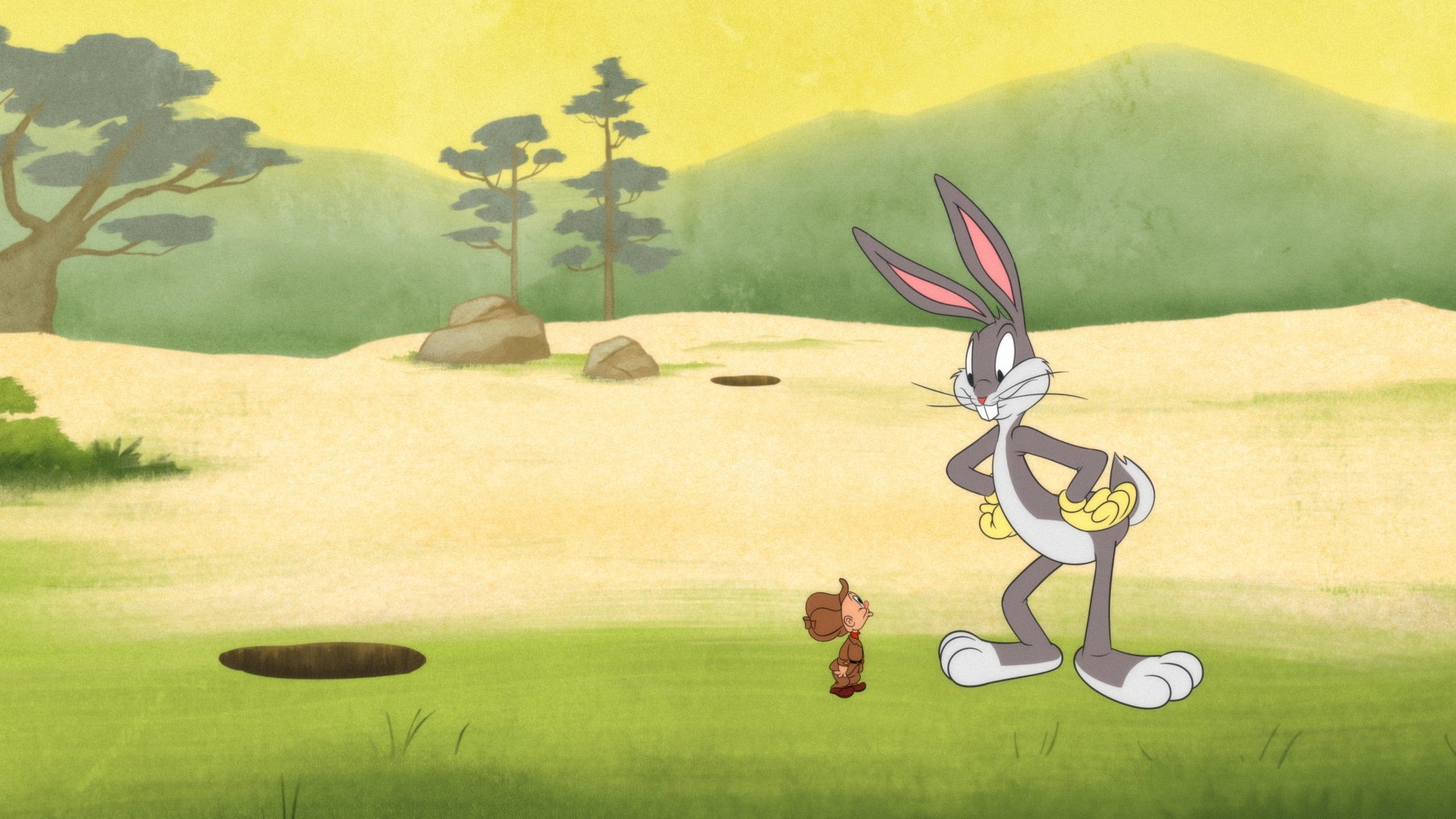 Bugs Bunny confronts a Mini Elmer Fudd in 'Looney Tunes Cartoons'