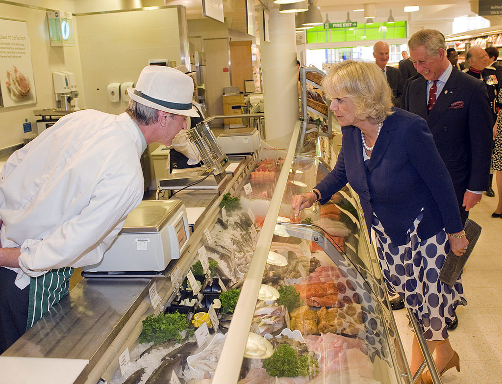 Camilla Parker Bowles and Prince Charles at a grocery store