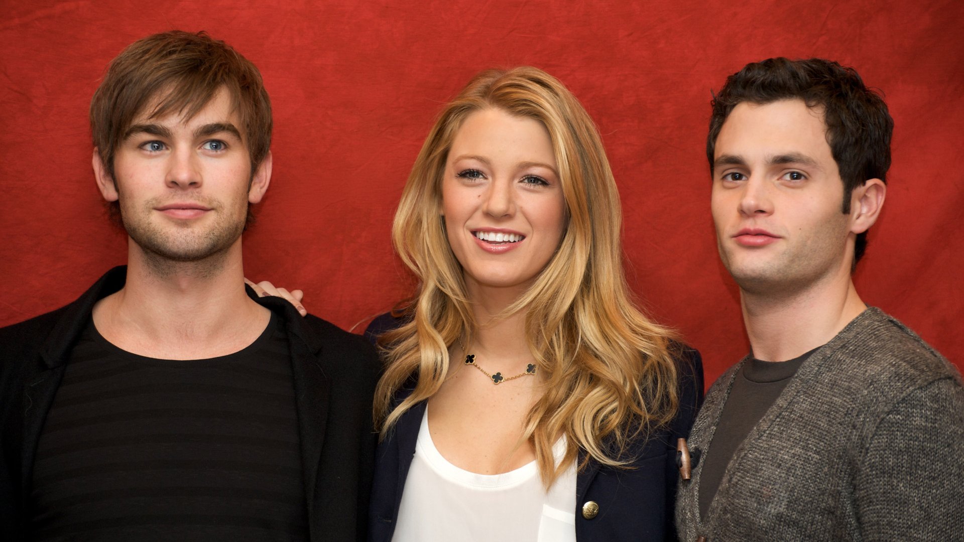 Chace Crawford, Blake Lively and Penn Badgley at the "Gossip Girl" press conference at the Waldorf Astoria Hotel on October 4, 2008 in New York City, New York.