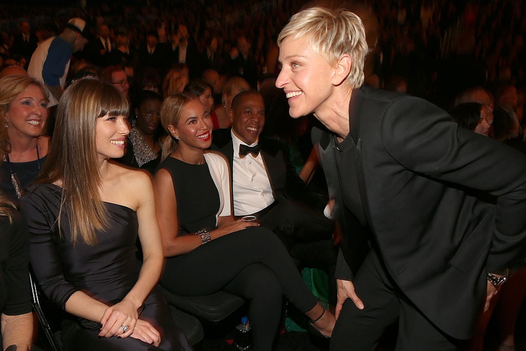 Actress Jessica Biel, singers Beyonce, Jay-Z and television personality Ellen DeGeneres attend the 55th Annual GRAMMY Awards 