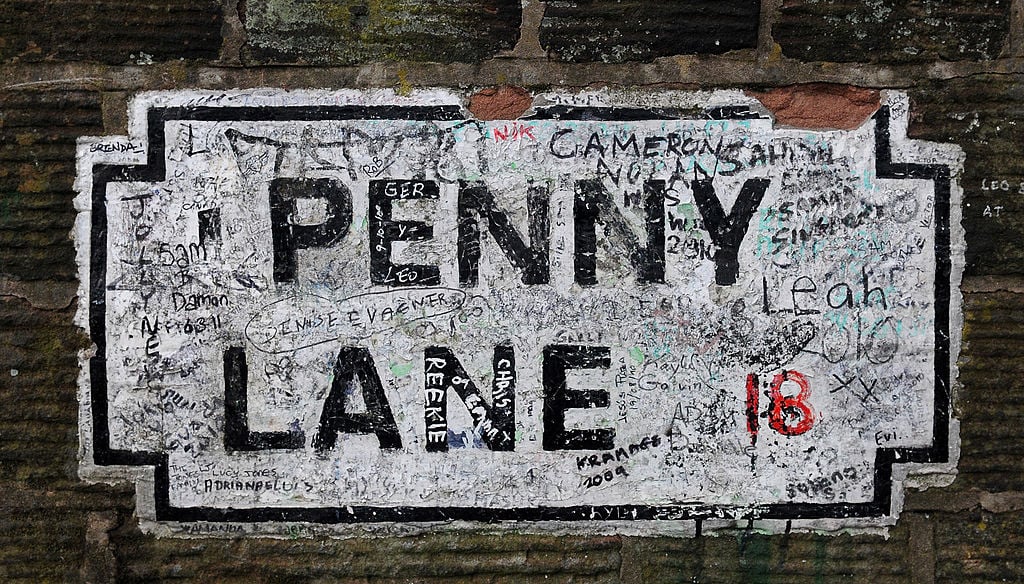 A street sign for Penny Lane in Liverpool, England