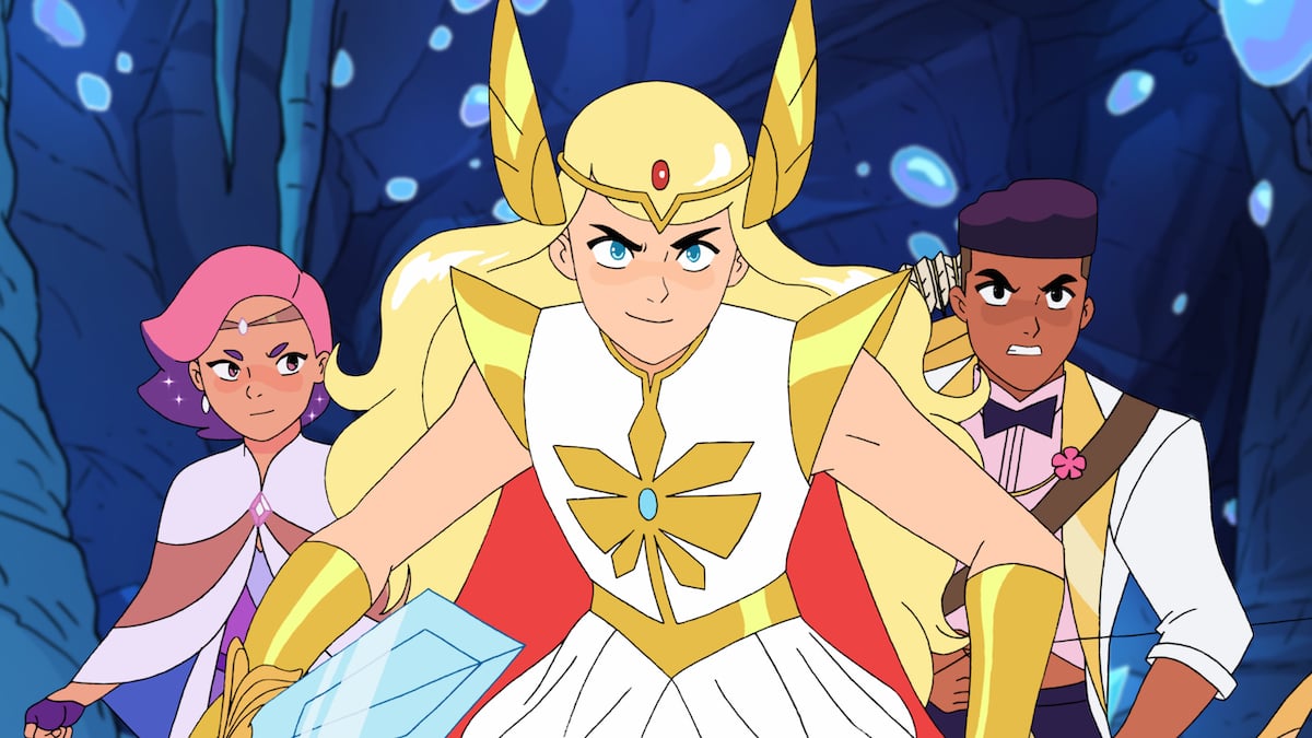 Glimmer, Adora as She-Ra, and Bow in Season 4 of 'She-Ra and the Princesses of Power' 