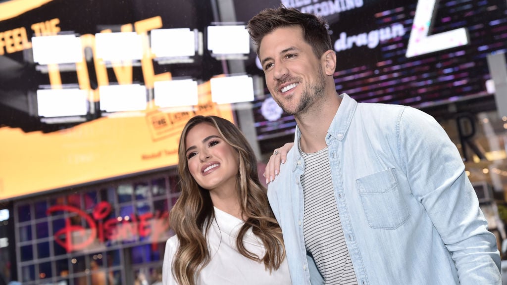 'The Bachelorette' stars JoJo Fletcher and Jordan Rodgers visit "Extra" filmed live at the Levi's Store Times Square on October 30, 2019 in New York City.
