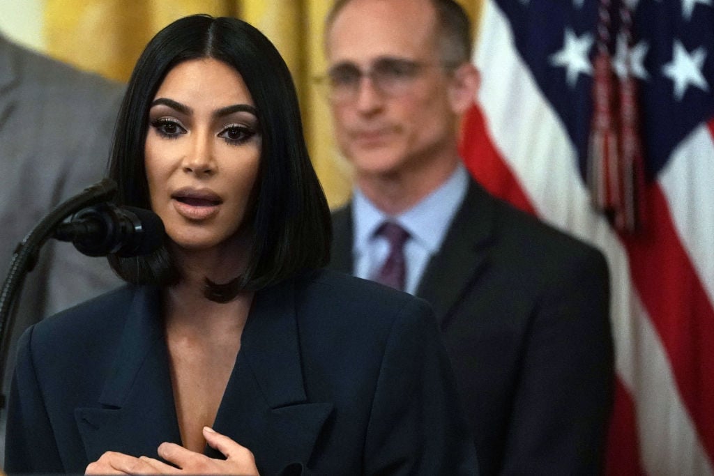 Kim Kardashian West speaking at the White House in June 2019