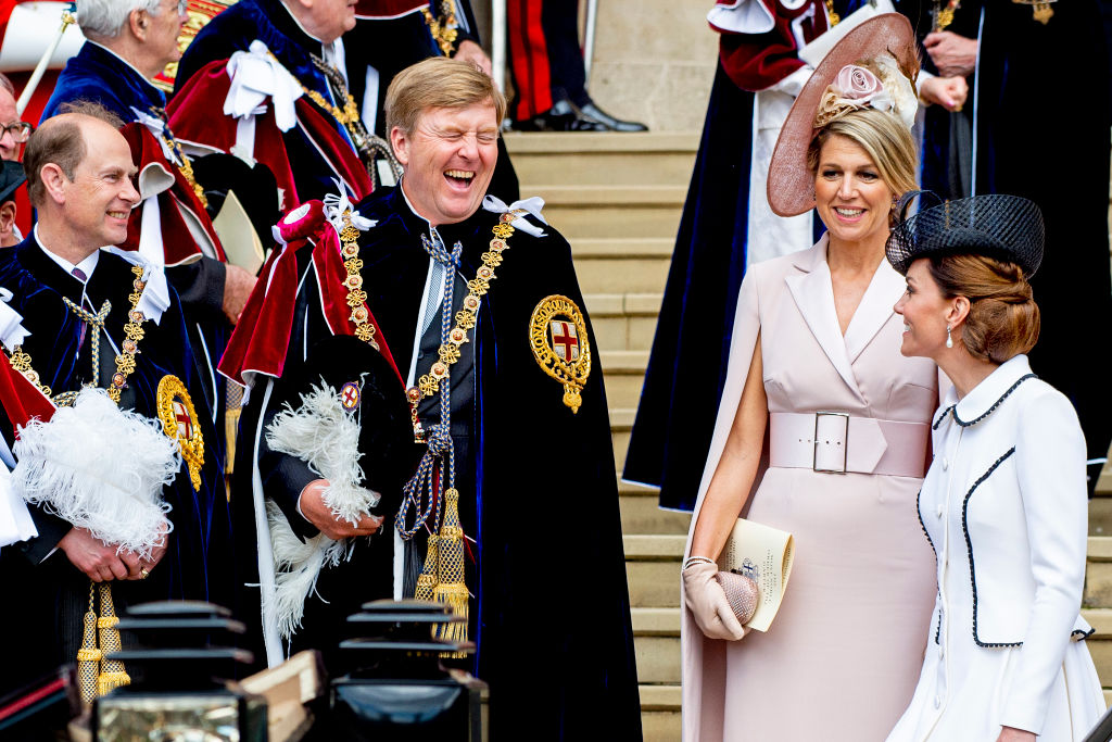 King Willem-Alexander of The Netherlands, Queen Maxima of The Netherlands, and Kate Middleton at the Order of the Garter service in 2019
