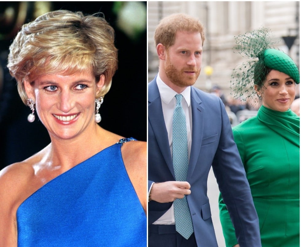 (L) Princess Diana, (R) Prince Harry and Meghan Markle