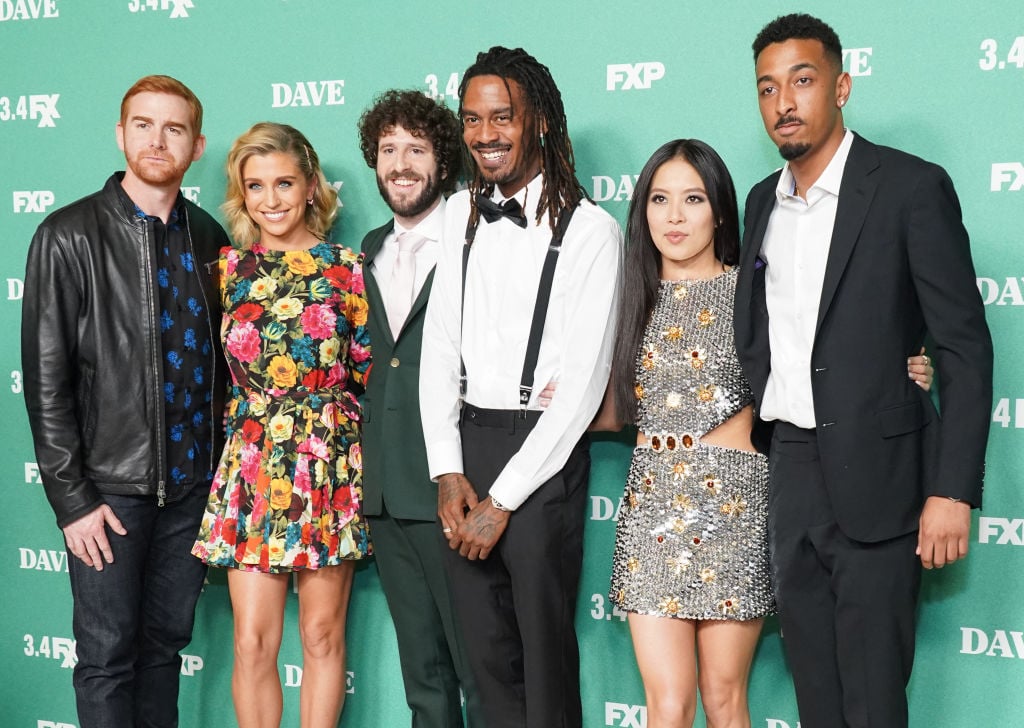 Andrew Santino, Taylor Misiak, Dave 'Lil Dicky' Burd, Gata, Christine Ko and Travis "Taco" Bennett attend the premiere of FXX's 'Dave'