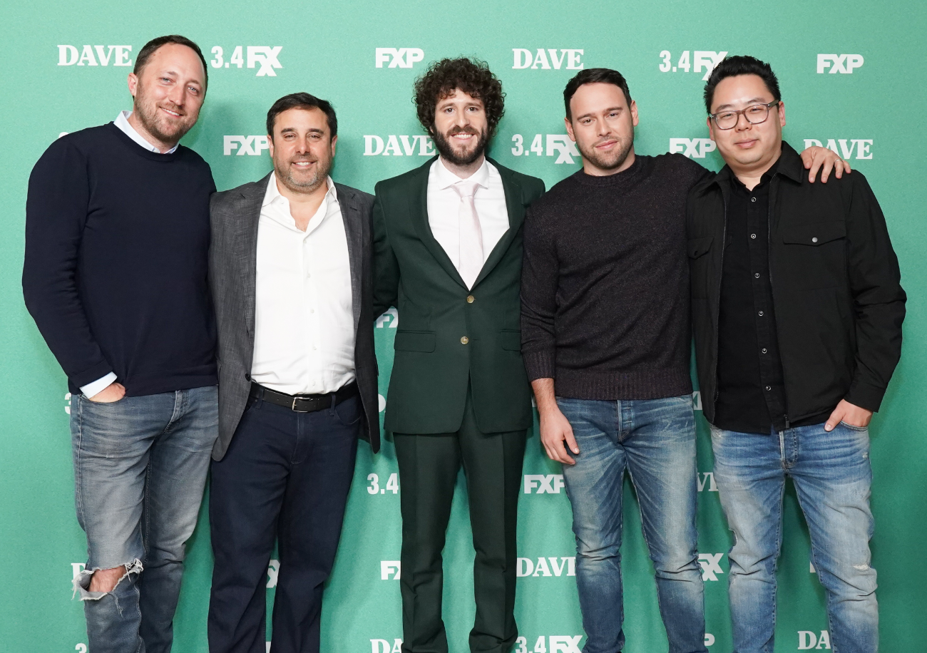 Scott Manson, Jeff Schaffer, Dave Burd, Scooter Braun and James Shin attend the premiere of FXX's 'Dave'