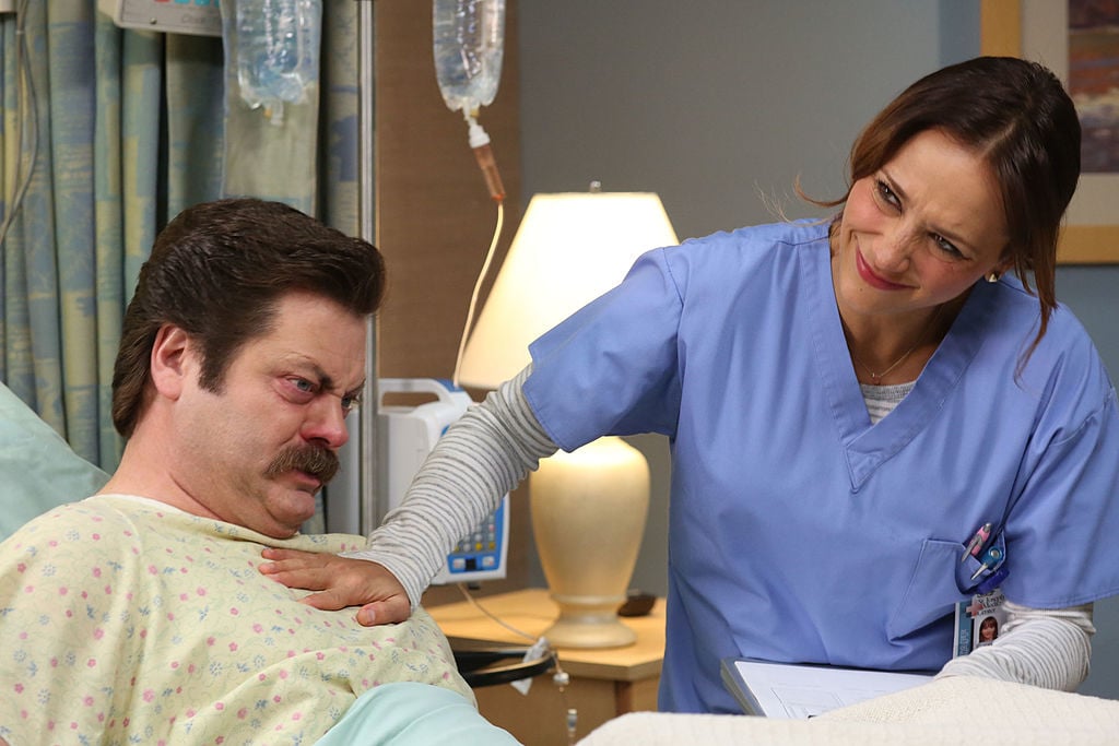 Parks and Recreation stars Nick Offerman and Rashida Jones as their characters