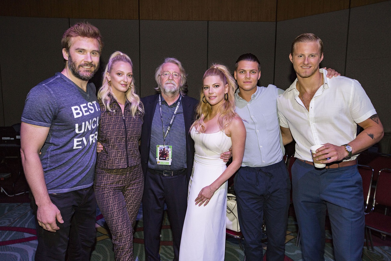 Clive Standen, Georgia Hirst, Michael Hirst, Katheryn Winnick, Alex Hogh Andersen, and Alexander Ludwig