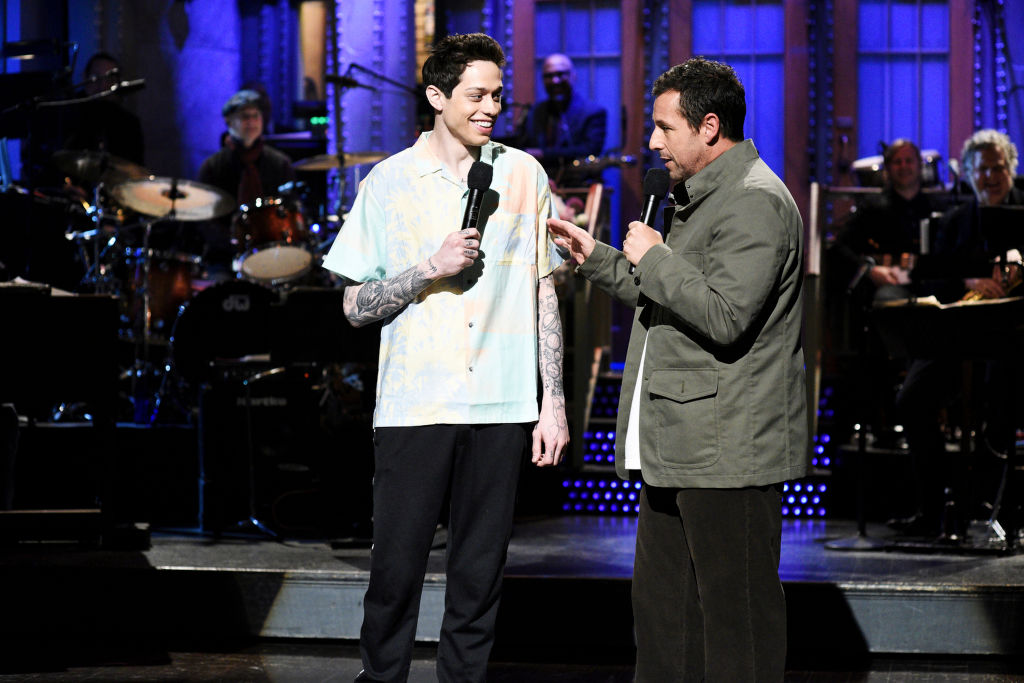 Pete Davidson and host Adam Sandler during the "I Was Fired" Monologue on 'Saturday Night Live'