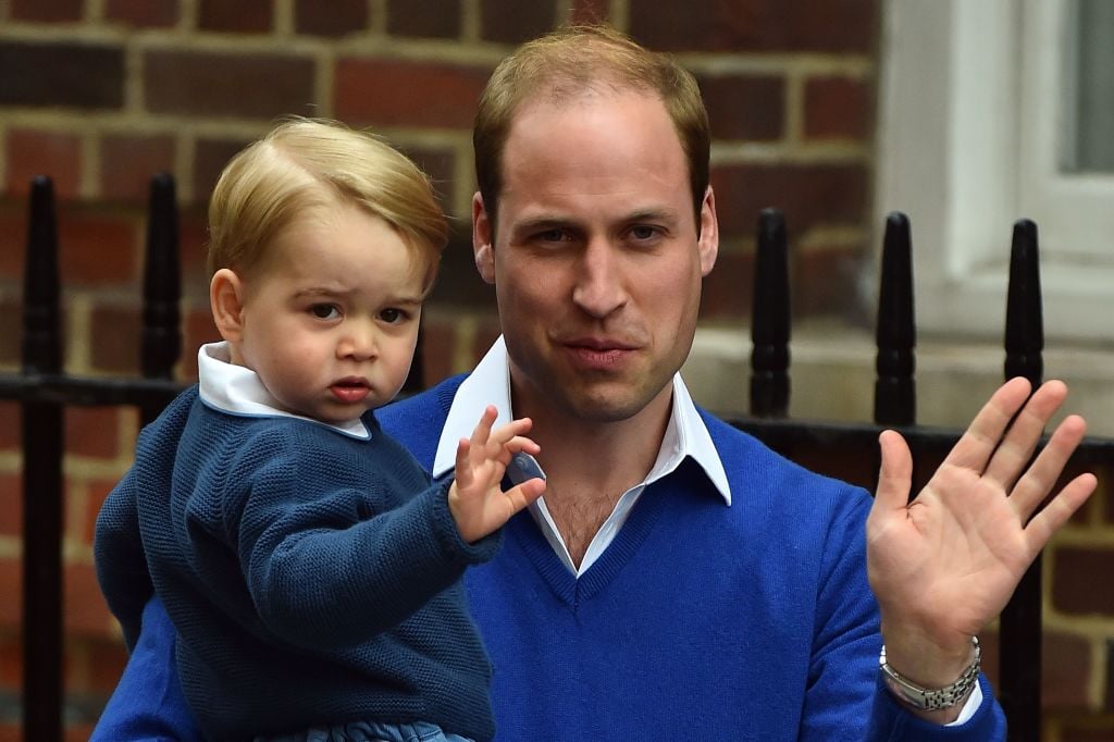 Prince George and Prince William wave outside the Lindo Wing of St. Mary's Hospital, 2015