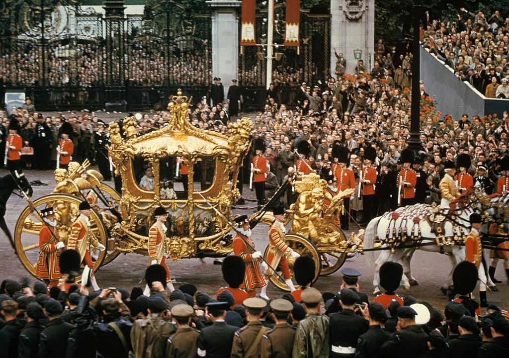 Queen Elizabeth II in gold coach on coronation day