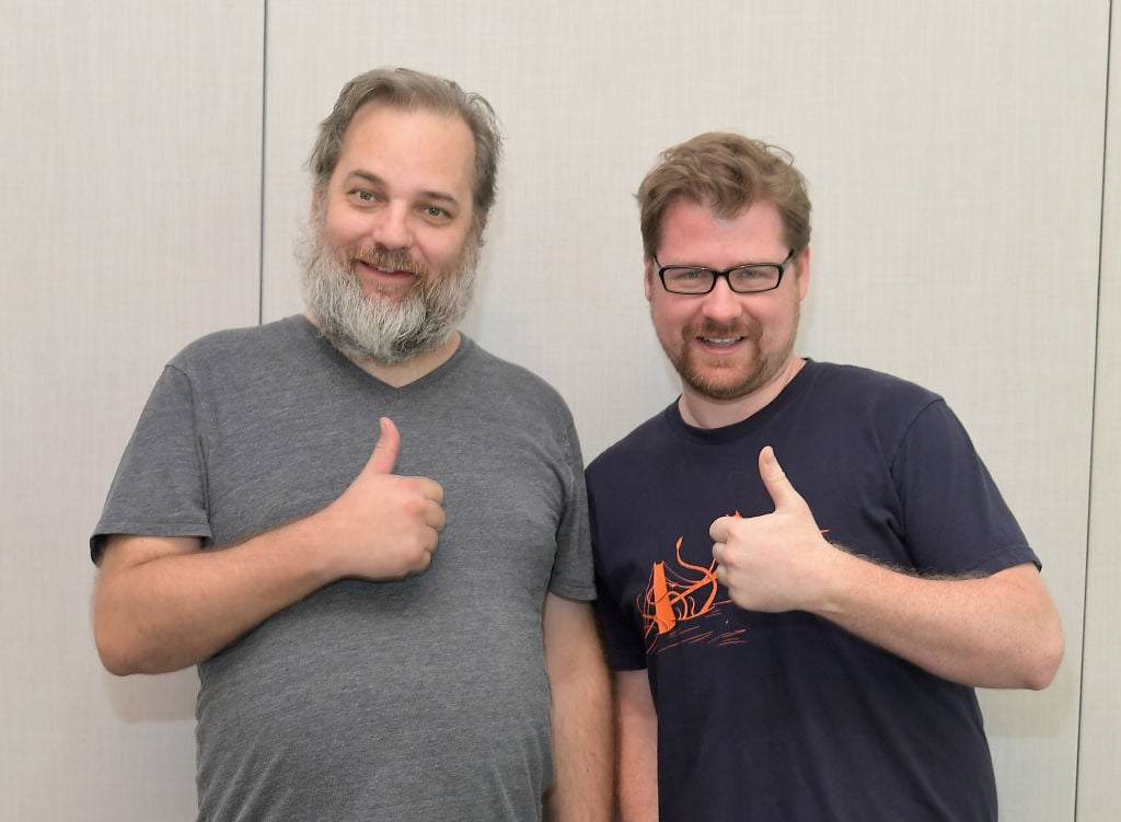 Co-creators Dan Harmon (L) and Justin Roiland at the "Rick and Morty" L.A. Press Junket on July 17, 2017 in Los Angeles, California. 