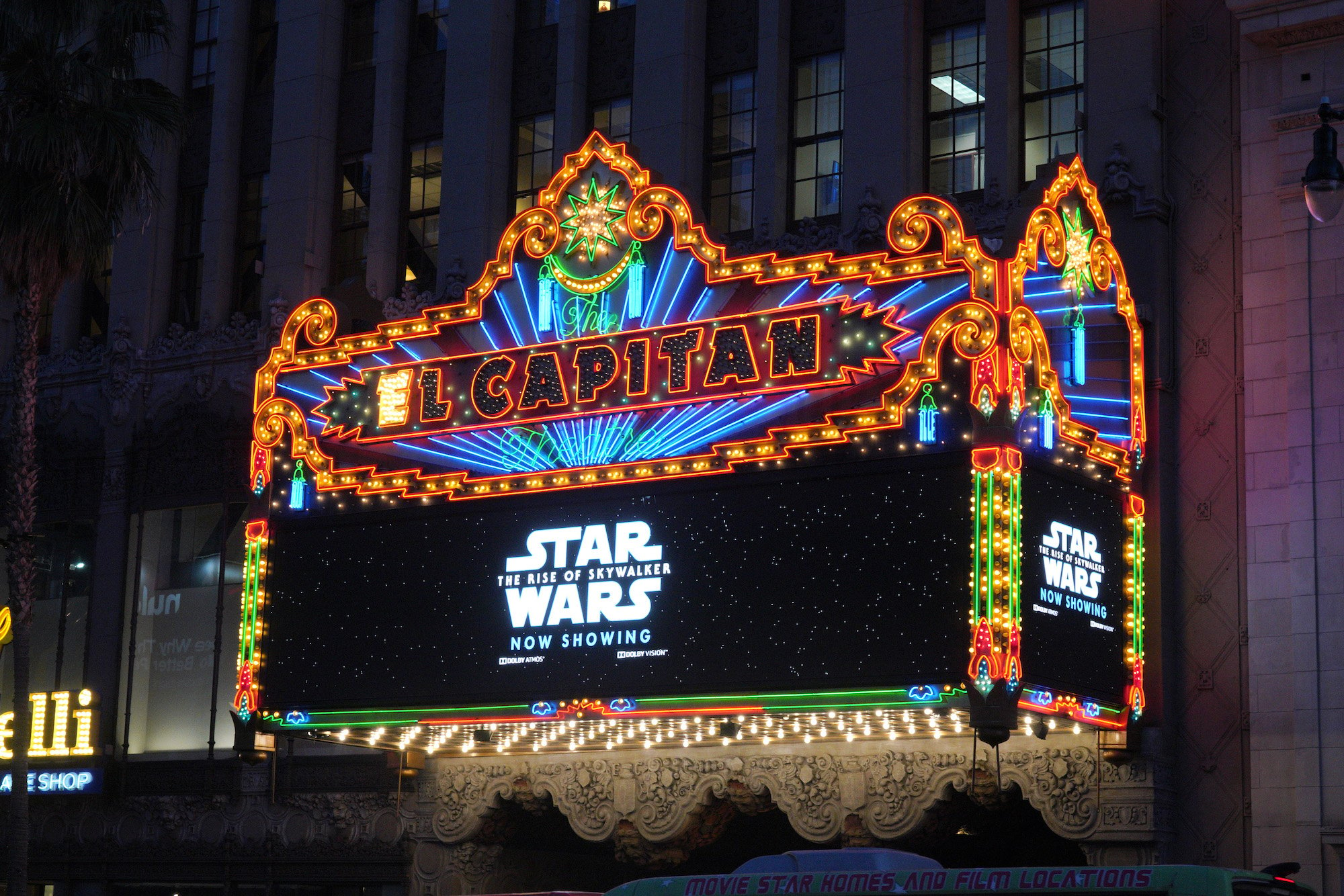 Exterior shot of the marquee of "Star Wars: The Rise Of Skywalker" at the El Capitan Theater