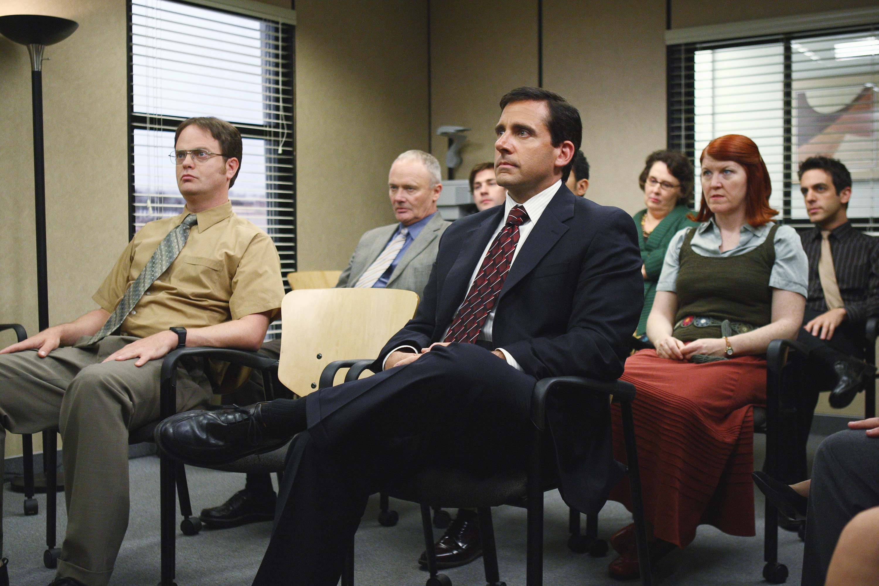 Cast of 'The Office: (l-r) Rainn Wilson, Creed Bratton, Steve Carell, Kate Flannery