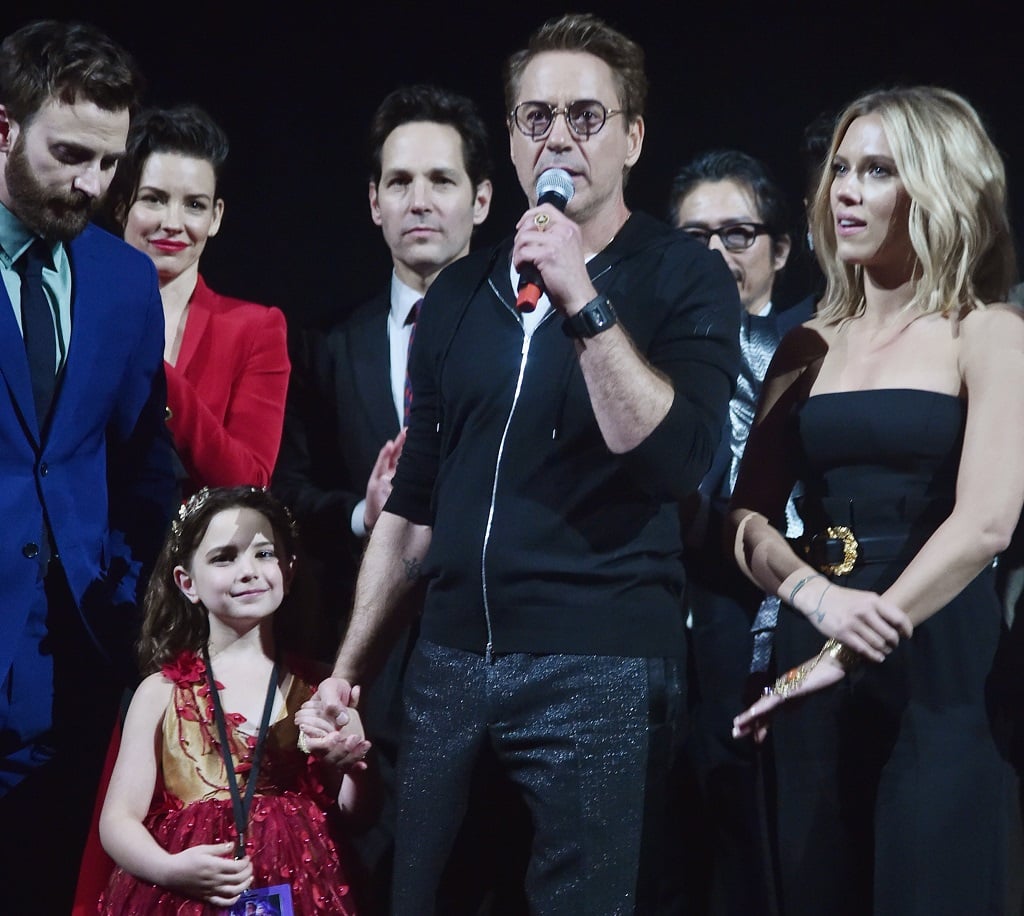 (L-R) Chris Evans, Alexandra Rabe, Robert Downey Jr., and Scarlett Johansson onstage at the World Premiere of Marvel Studios' "Avengers: Endgame" on April 23, 2019