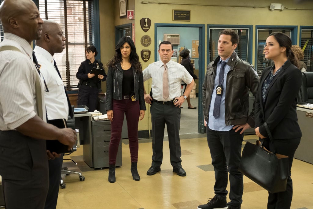 BROOKLYN NINE-NINE -- "The Audit" Episode 413 -- Pictured: (l-r) Terry Crews as Terry Jeffords, Andre Braugher as Ray Holt, Stephanie Beatriz as Rosa Diaz, Joe Lo Truglio as Charles Boyle, Andy Samberg as Jake Peralta, Melissa Fumero as Amy Santiago