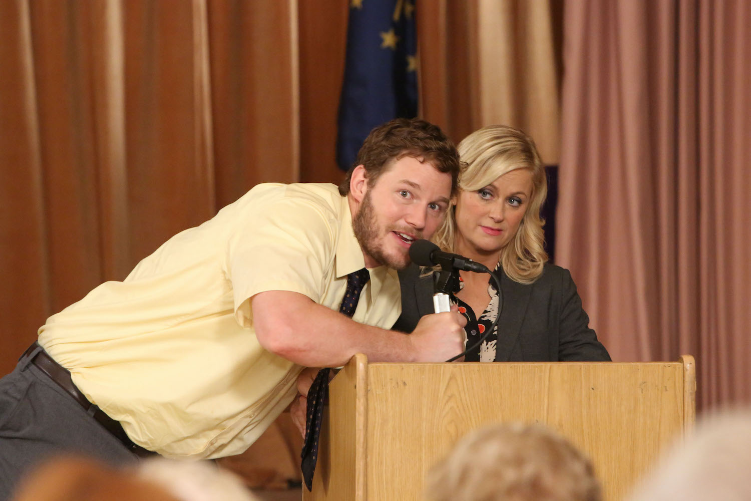 Chris Pratt as Andy and Amy Poehler as Leslie Knope on 'Parks and Recreation'