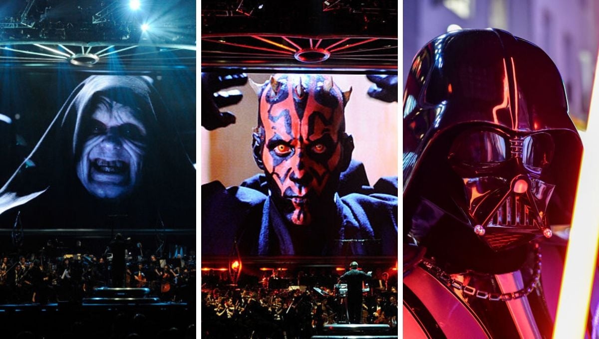 (L) Ian McDiarmid's Emperor Palpatine from 'Star Wars' on-screen during "Star Wars: In Concert" at the Orleans Arena May 29, 2010 in Las Vegas, Nevada/(C) Ray Park's Maul on-screen at the same event/(R) Darth Vader at the European premiere of 'Star Wars: The Rise of Skywalker' on December 18, 2019.