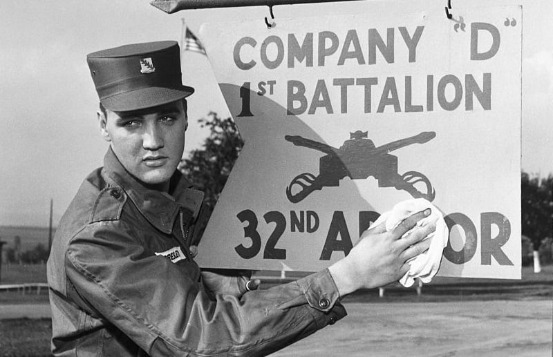 Elvis Presley poses for the camera during his military service at a U.S. base in Germany