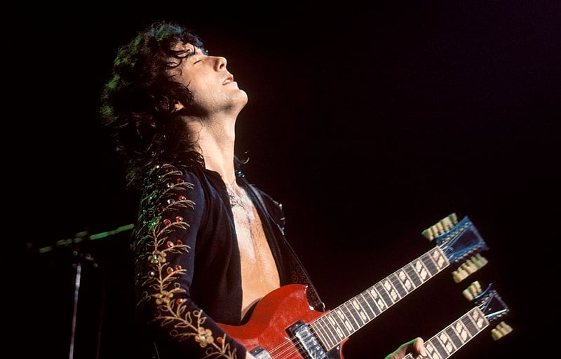 Jimmy Page plays his custom double-neck guitar at Madison Square Garden, '73.