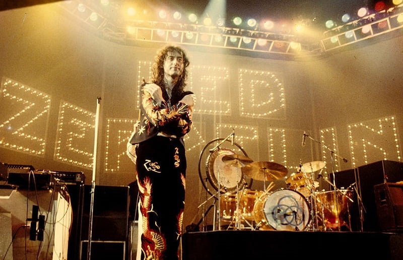 Jimmy Page standing onstage in 1975