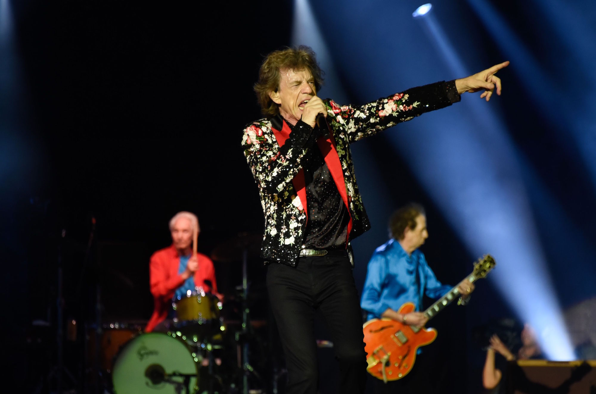 Charlie Watts, Mick Jagger and Keith Richards of The Rolling Stones perform onstage