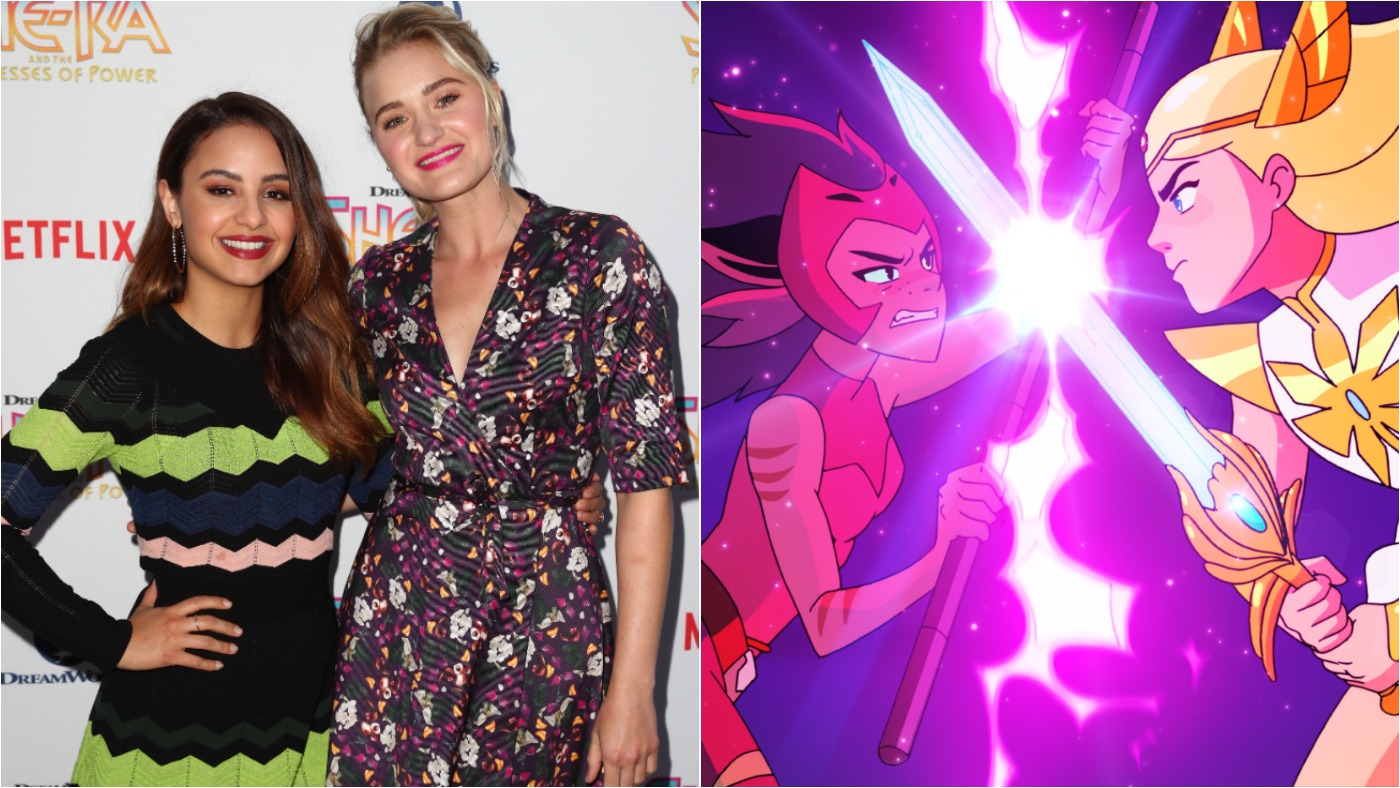 (L)Aimee Carrero and AJ Michalka at the DreamWorks 'She-Ra and the Princesses of Power' Fan Screening/(R) Catra and Adora face off in the opening credits
