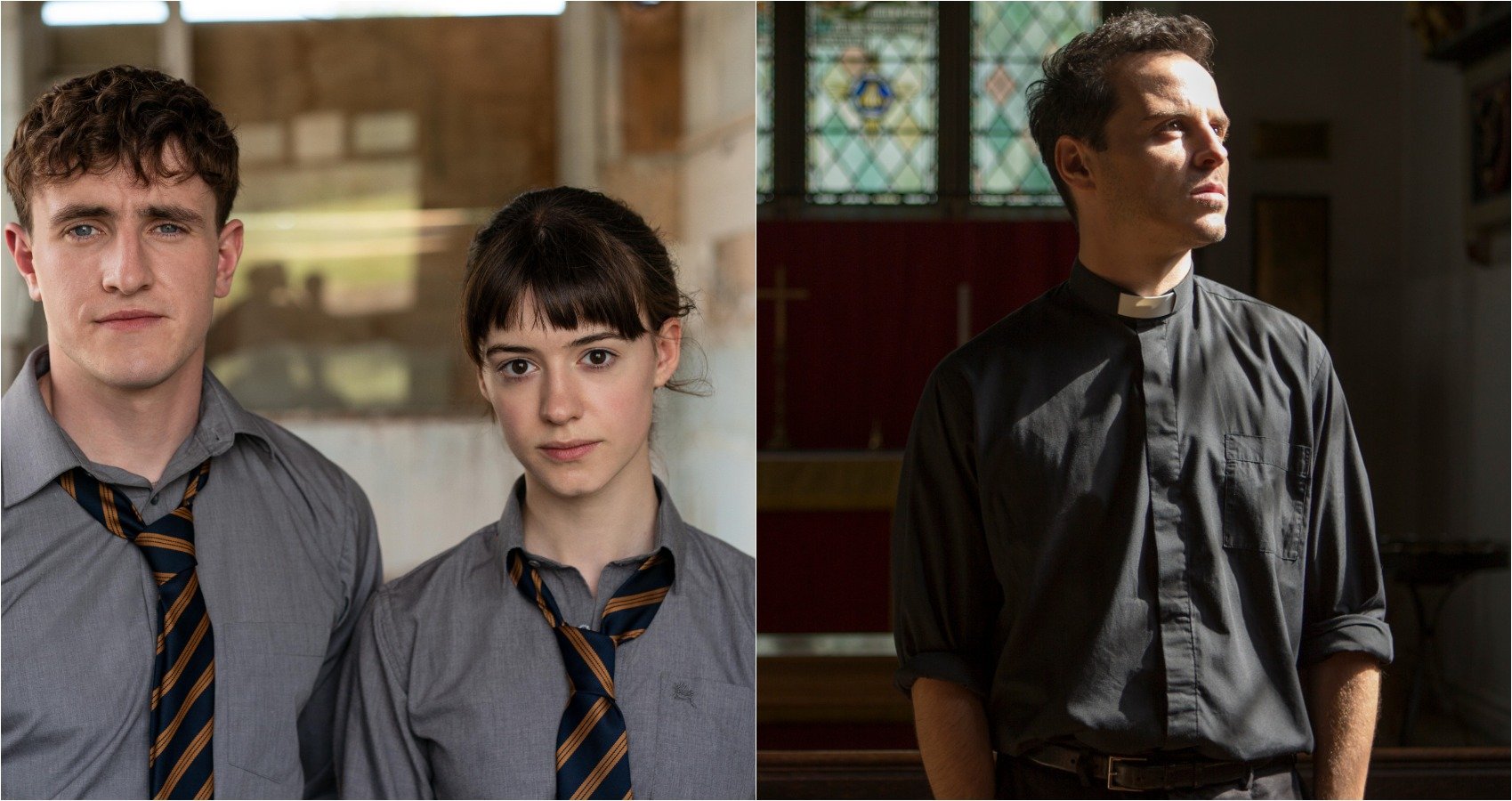 (R) Connell (Paul Mescal) and Marianne (Daisy Edgar-Jones) from 'Normal People' / (L) Andrew Scott's Hot Priest from 'Fleabag' Season 2