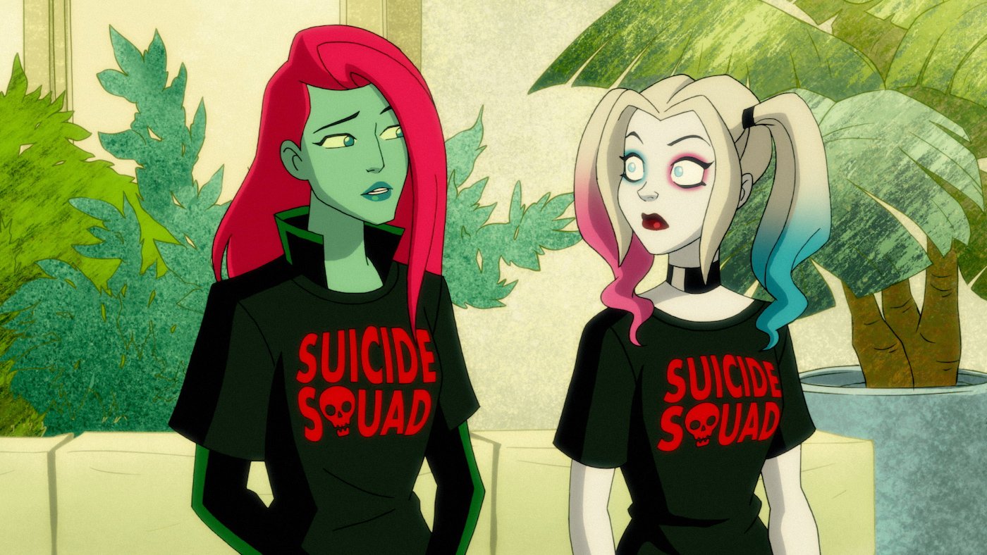 Poison Ivy and Harley Quinn talk on their couch in Season 1 of DC Universe's 'Harley Quinn'