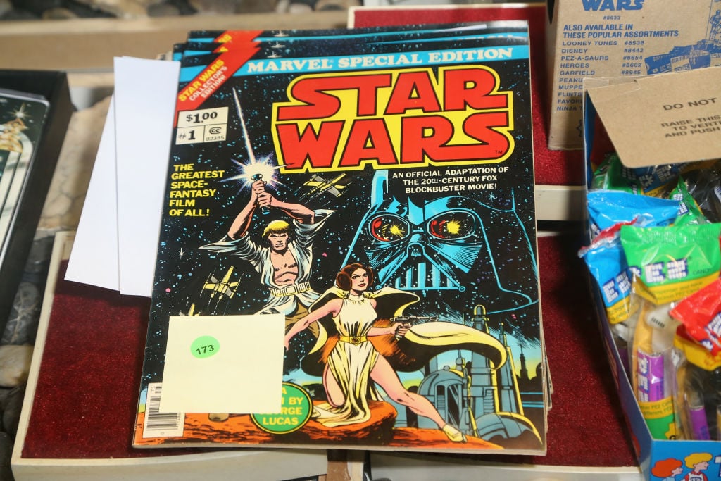 1977 special edition "Star Wars" comic books once owned by Carrie Fisher are displayed during an auction of Debbie Reynolds and Carrie Fisher items at McManus Auctions on February 11, 2018.