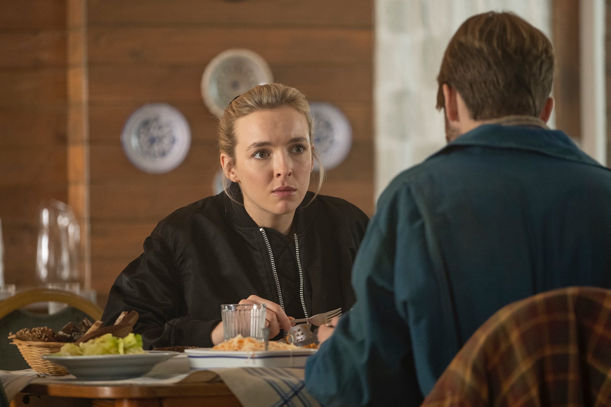 Jodie Comer as Villanelle, Rob Feldman as Pyotr in Season 3 of 'Killing Eve.'