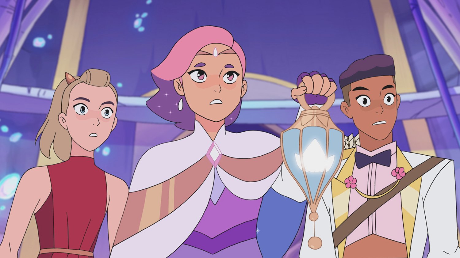 Adora, Glimmer, and Bow during Glimmer's coronation in Season 4, 'She-Ra and the Princesses of Power'