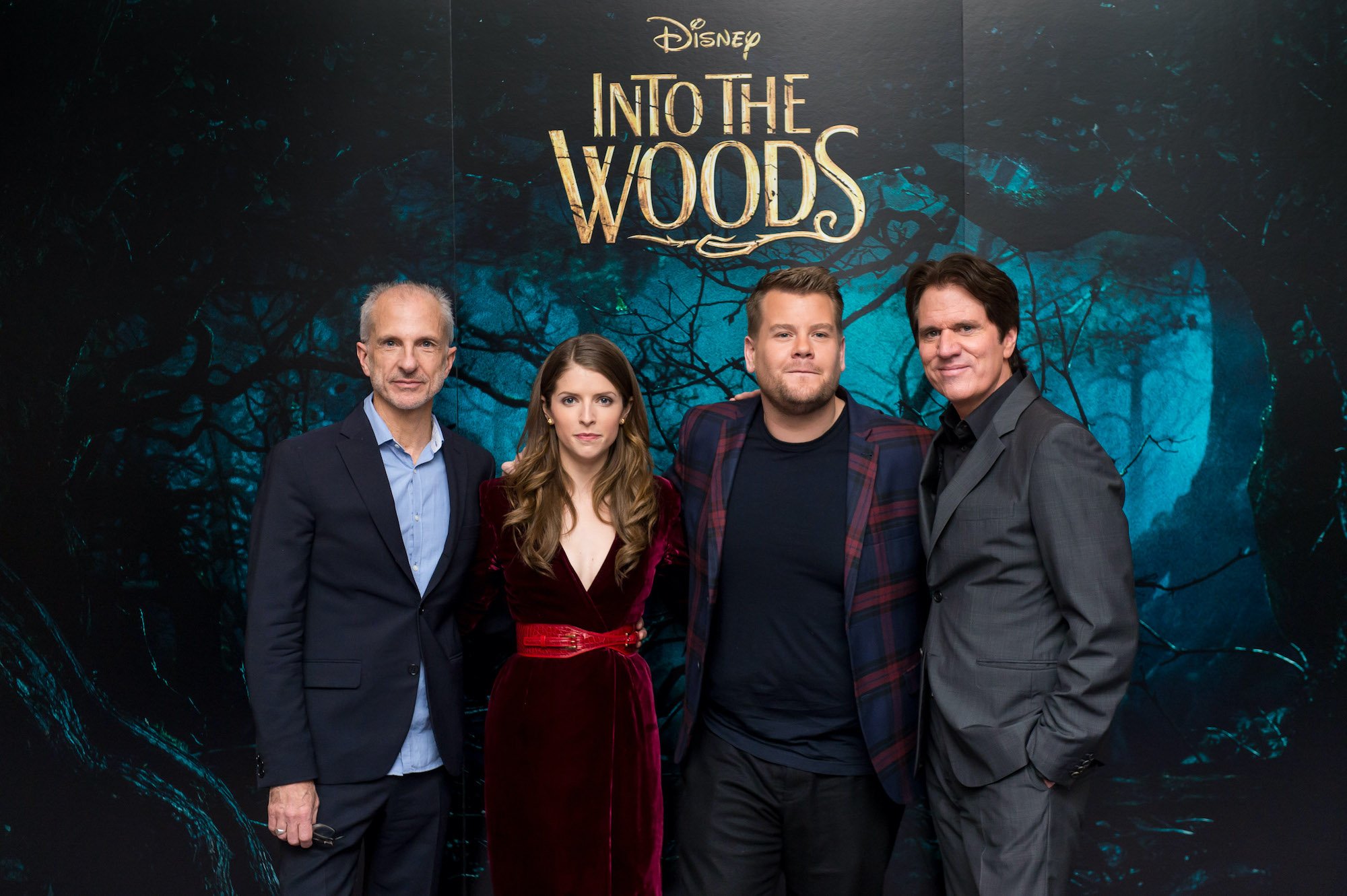 (L-R) Producer John DeLuca, Anna Kendrick, James Corden and Director Rob Marshall attend a photocall for "Into The Woods" at Corinthia Hotel London