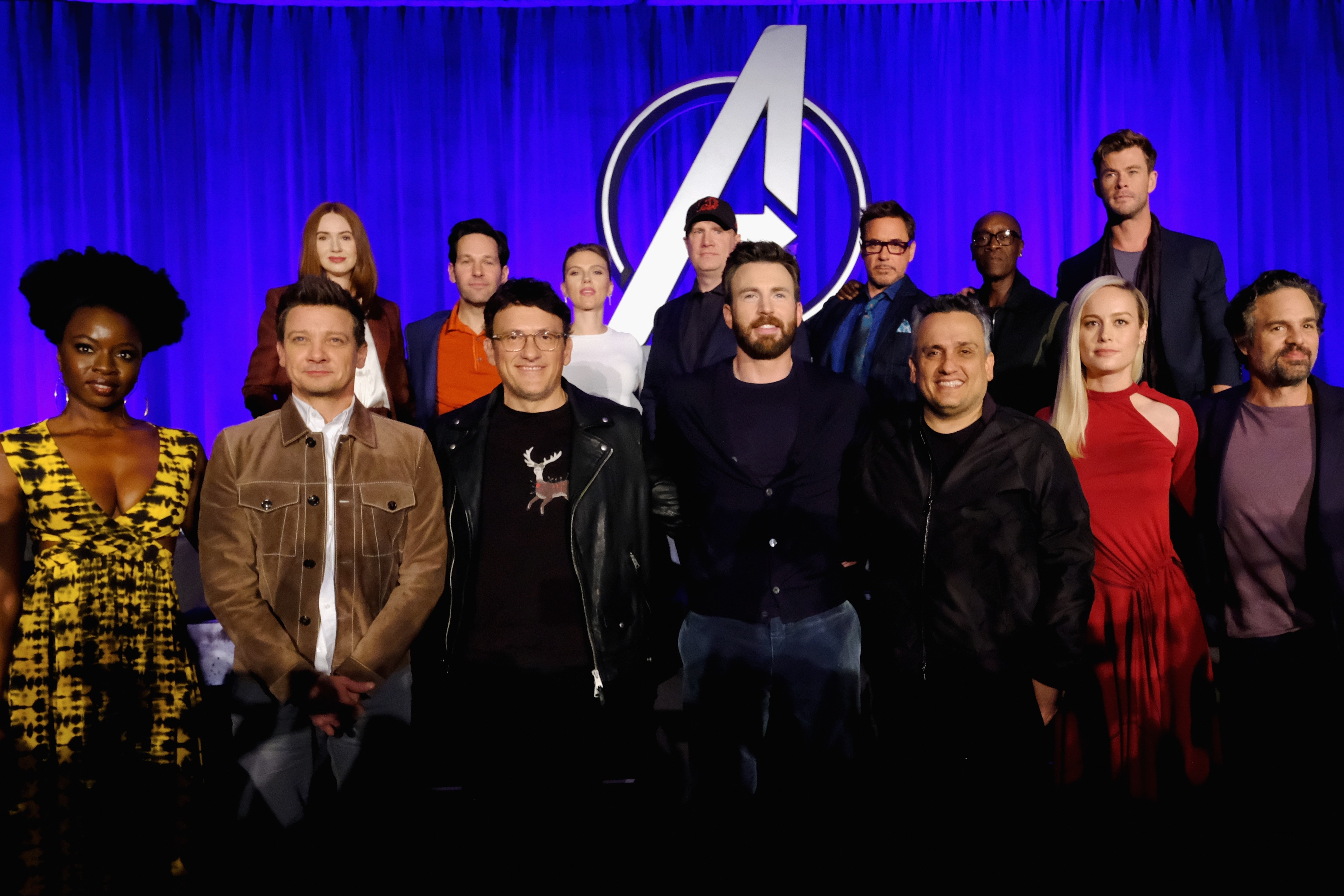 (front L-R) Danai Gurira, Jeremy Renner, Director Anthony Russo, Chris Evans, Director Joe Russo, Brie Larson and Mark Ruffalo, (back L-R) Karen Gillan, Paul Rudd, Scarlett Johansson, President of Marvel Studios/Producer Kevin Feige, Robert Downey Jr., Don Cheadle and Chris Hemsworth onstage during Marvel Studios' 'Avengers: Endgame' Global Junket Press Conference on April 7, 2019