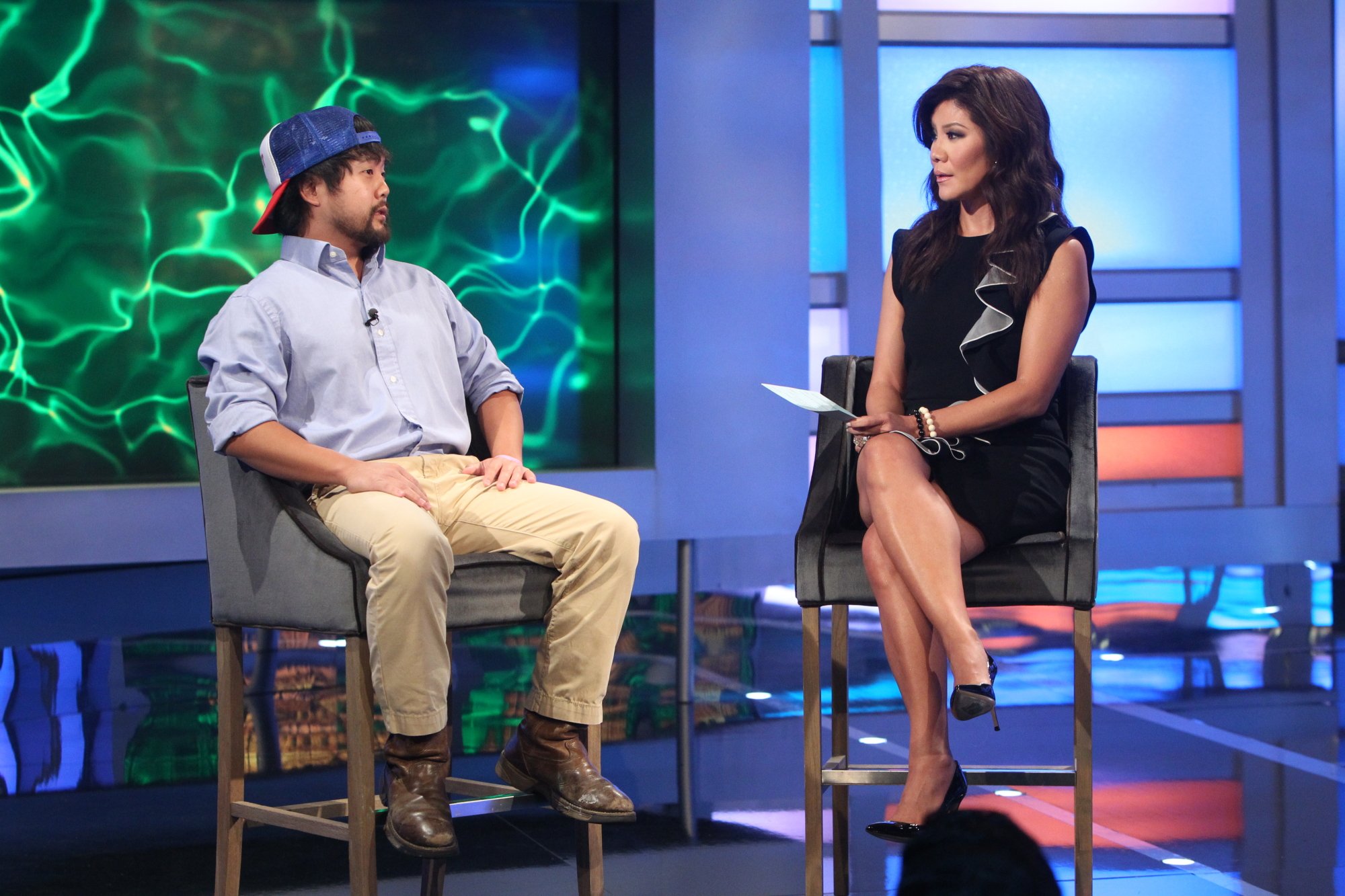 Host Julie Chen talks to the latest evictee, James Huling on the Big Brother season 18 live finale