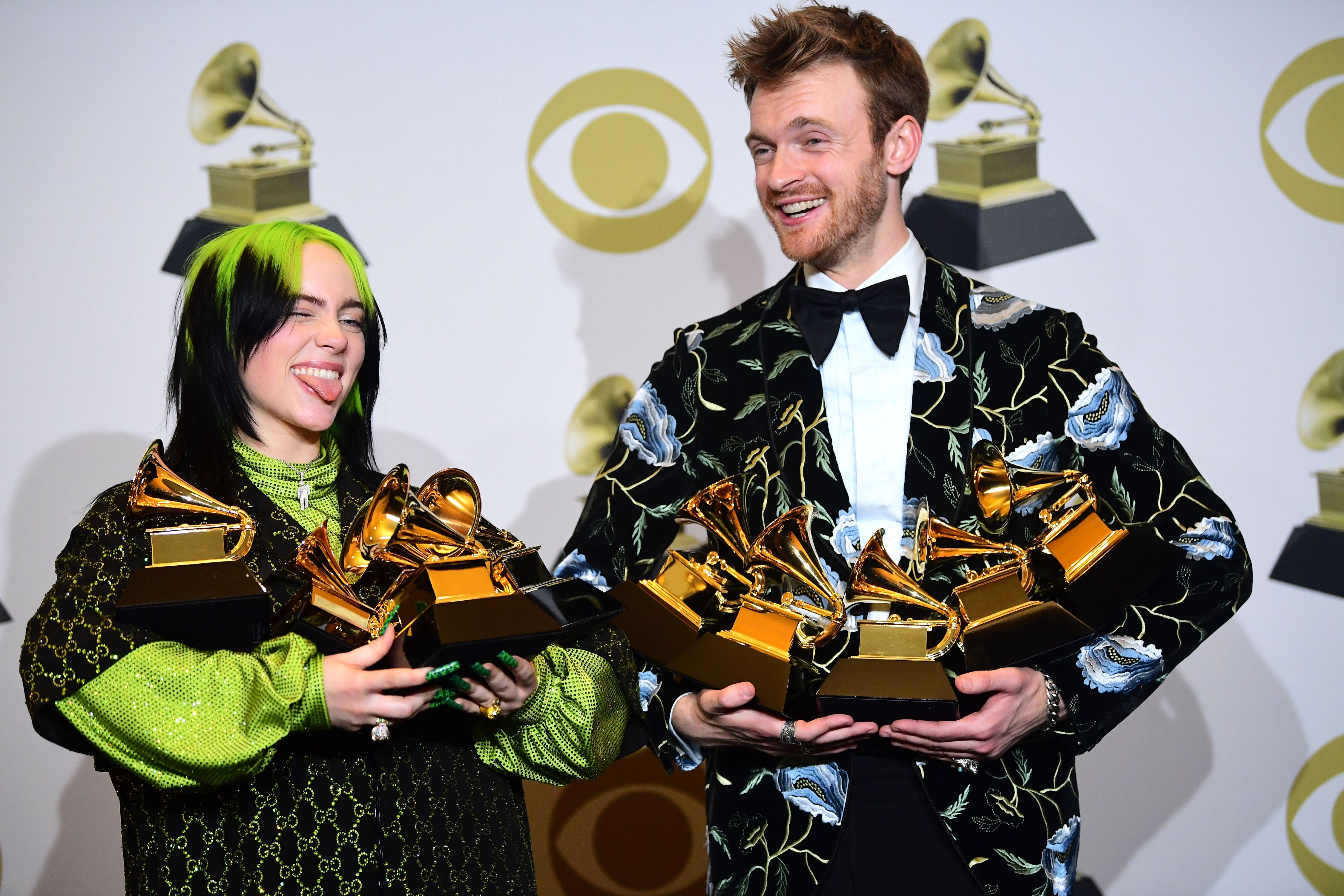 US singer-songwriter Billie Eilish and Finneas O'Connell pose in the press room