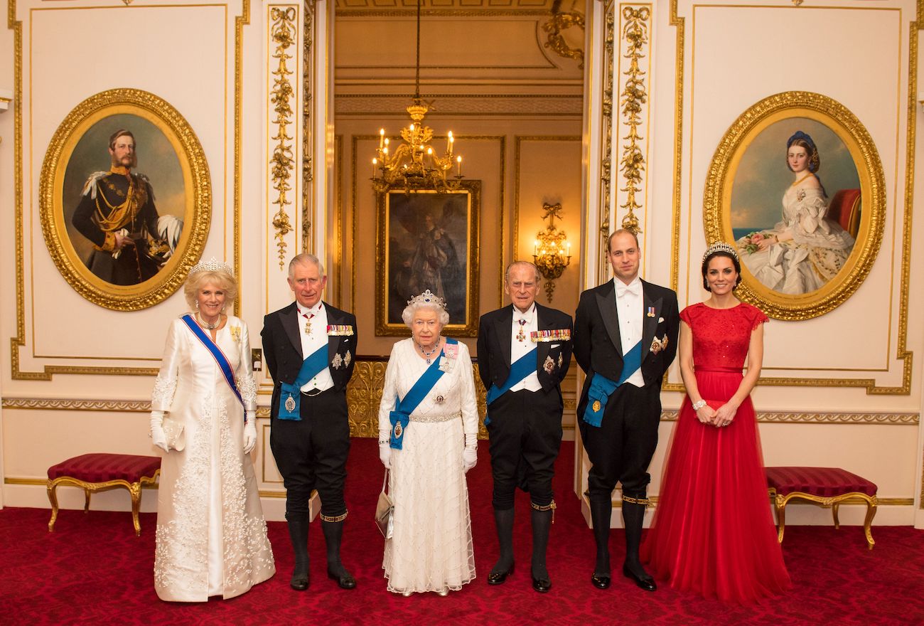 Camilla Parker Bowles, Prince Charles, Queen Elizabeth II, Prince Philip, Prince William, and Kate Middleton