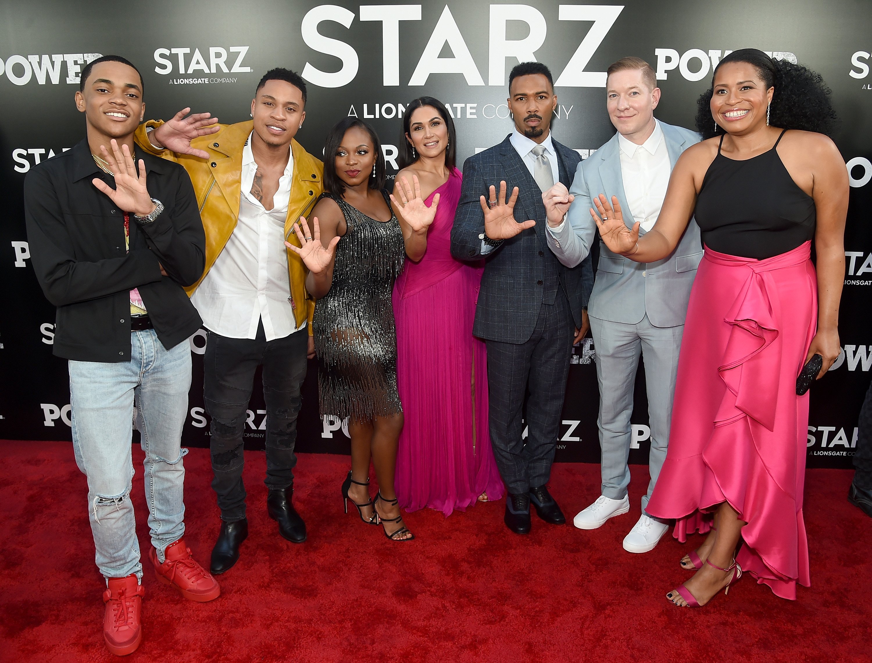 Michael Rainey Jr., Rotimi Akinosho, Naturi Naughton, Lela Loren, Omari Hardwick, Joseph Sikora, and "Power" Creator and Executive Producer Courtney A. Kemp attend the Starz 'Power' Fifth Season NYC Red Carpet Premiere Event